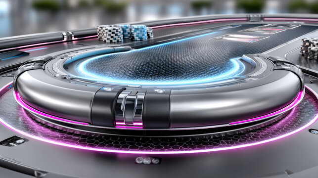 futuristic poker table with holographic cards, neon chips, sci-fi online casino environment, copy space