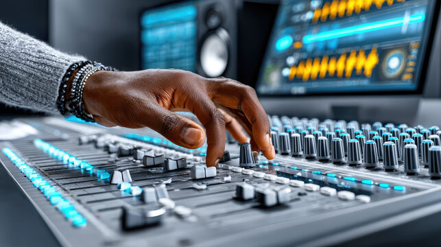 music producer mixing tracks in modern studio for vibrant sound creation, professional audio production, copy space