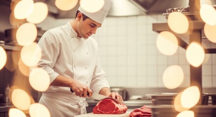 Man chef in uniform expertly cutting raw meat steak on a cutting board in a professional kitchen, preparing food for a restaurant.
