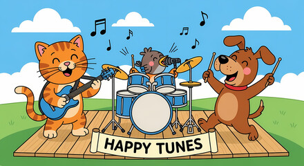 Cheerful illustration of a cartoon cat and dog playing instruments in a small band (possibly a drum kit), celebrating music and friendship outdoors on a sunny day.