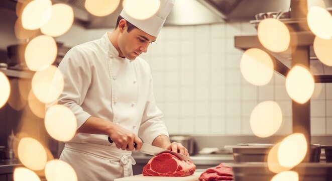Man chef in uniform expertly cutting raw meat steak on a cutting board in a professional kitchen, preparing food for a restaurant. - Powered by Adobe