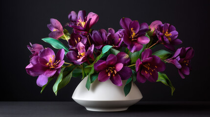 A beautiful arrangement of vibrant purple tulips with bright yellow centers and lush green leaves is displayed in a modern white vase against a dark background.