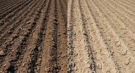 Plowed Field with Two Different Soil Types agriculture farming furrows dirt land brown beige cultivated tilled ground rural countryside