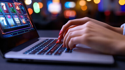woman playing online slot machine on laptop, colorful game interface, glowing background, modern gambling concept, copy space