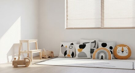 Cozy childrens playroom with wooden toys, soft cushions, and natural light streaming in from the window, creating a warm and inviting atmosphere