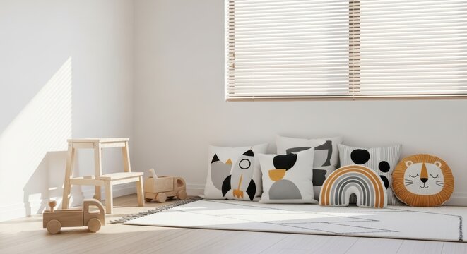 Cozy childrens playroom with wooden toys, soft cushions, and natural light streaming in from the window, creating a warm and inviting atmosphere