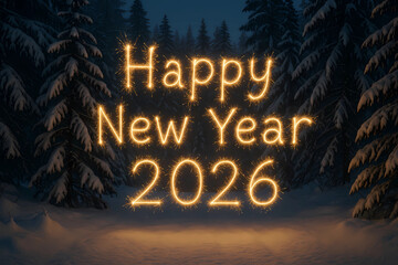 Postcard for New Year and Christmas 2026. Glowing Numbers 2026 on the background of a dark snowy forest