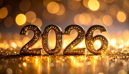 Sparkling golden 2026 numerals on a glittery surface, against a bokeh background of warm yellow and orange tones