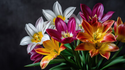 Obraz premium A vibrant bouquet of colorful tulips including white, purple, and orange blooms is displayed against a dark grey background in a captivating floral arrangement.