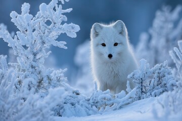 Small white fox surveys its frosted winter habitat