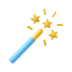 Magic wand 3d realistic style rendering vector illustration. Magical blue and golden stick with stars and sparkles. Magician, wizard, fairy, princess accessory isolated on white background
