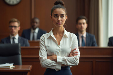 Woman testifying in courtroom witness stand. Confident female witness under oath. Serious courtroom scene with jury and judge.