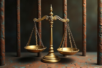 Golden scales of justice behind bars. Symbol of corruption and confinement. Justice and imprisonment concept image.