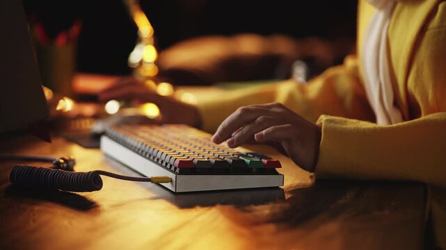 Close-up of female programmer typing on retro computer keyboard in office