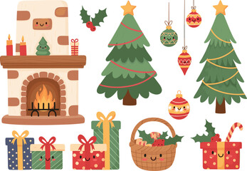 Cute Cartoon Christmas Vector Set with Decorated Fireplace, Pine Trees, Hanging Ornaments, and Characterized Holiday Gifts and Basket in a Modern Flat Style Illustration.