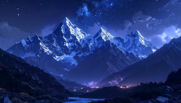 Snowy mountain peaks under a starry night, reflecting in a river with a small town nestled at the valley bottom - Powered by Adobe