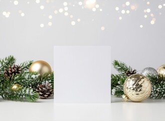 Festive Holiday Mockup with Blank Card, Pinecones, Snow-Dusted Pine Branches, and Glittering Ornaments – Perfect for Christmas or New Year Invitations