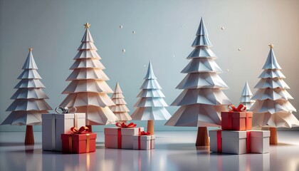 Minimalist Christmas Scene With Paper Trees and Gift Boxes