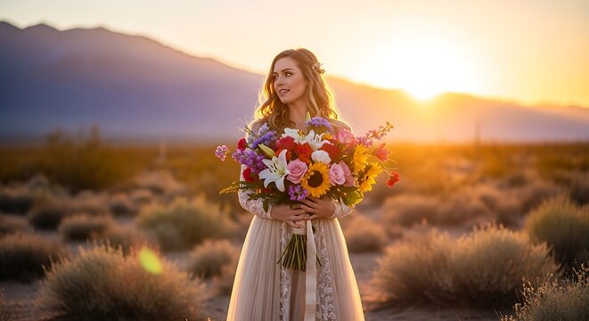 A woman holds a bouquet of flowers in a desert landscape at sunset.