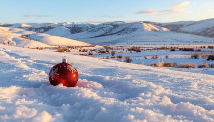 Christmas decoration ball on natural snow mountain and field