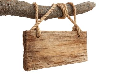 Wooden sign hanging on branch with rope isolated on a transparent background
