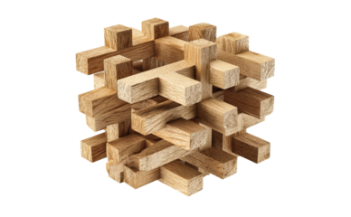 Wooden interlocking puzzle cube isolated on a transparent background