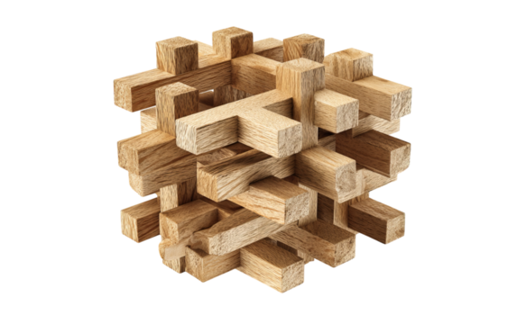 Wooden interlocking puzzle cube isolated on a transparent background