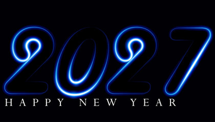 Happy New Year 2027 glowing neon blue numbers on black background