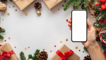christmas mockup with space for text. christmas advertising, app template. hand holding phone with empty screen on table background. Happy New Year and Xmas Flat lay.