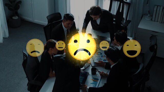 A diverse team collaborates during a business meeting, showcasing various emojis to express emotions. The modern office environment enhances engagement and creativity. Raster