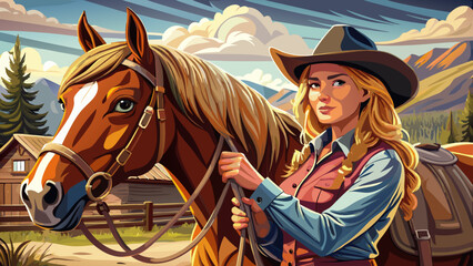 Obraz premium Very beautiful young cowgirl saddling a horse in Bridger, Montana, USA, featuring rustic western scenery, warm sunlight, and authentic ranch life atmosphere, capturing the spirit of the American count