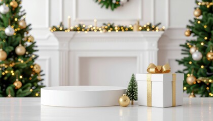 Empty of Christmas Blurred on Background. Blank Christmas. Gifts. Christmas Trees. Product Display mockup. Copy space.