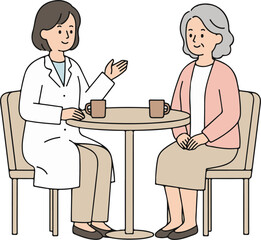 Obraz premium Doctor or caregiver consulting with a senior woman, pleasant flat cartoon vector illustration