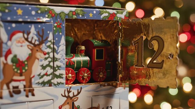 advent calendar door opens revealing miniature train amid bokeh lights, illustrated santa and reindeer on snowy panel, warm gold tones, close-up macro capturing festive countdown and nostalgic toy.