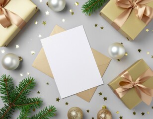 Christmas postcard mockup, blank template. White paper, clean design for holiday greeting. Winter composition, flat lay with gift, tree decor. New Year, modern golden note.
