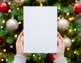 Hands holding book cover mockup on Christmas holiday.
