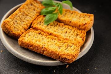 Toast bread grilletine breadcrumbs natural product tasty snack fresh delicious gourmet food background on the table rustic top view copy space