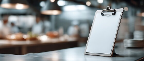 Empty clipboard standing on an industrial kitchen worktop, ideal for food safety rules, sanitation schedules or training messages, with generous banner copyspace and crisp cinematic focus