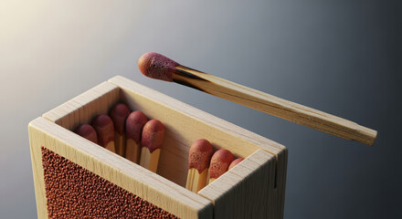 Wooden matchbox with single lit match stick