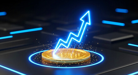 Stunning neon arrow shows financial growth above gold coin representing investment success and prosperity in modern finance industry