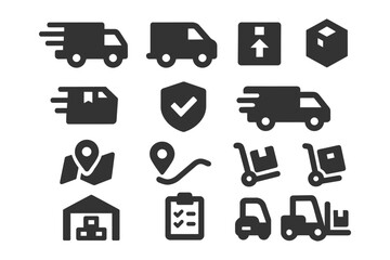 Logistics and delivery icons set: trucks, packages, and warehousing symbols.