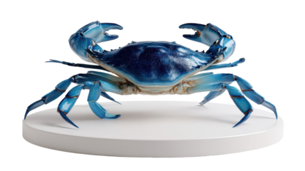 A beautifully presented blue crab on a white display stand. or transparent background