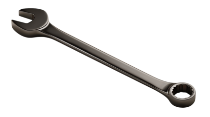A close-up of a metallic adjustable wrench on a white background. or transparent background