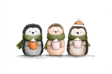 Adorable hedgehogs enjoying hot cocoa. Perfect winter illustration.
