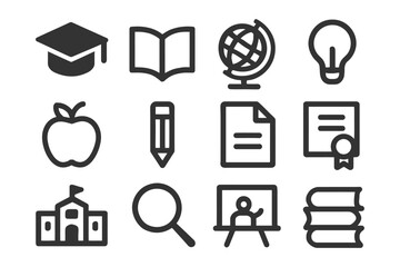 Set of education icons: graduation cap, book, globe, lightbulb, apple, pencil, and more.