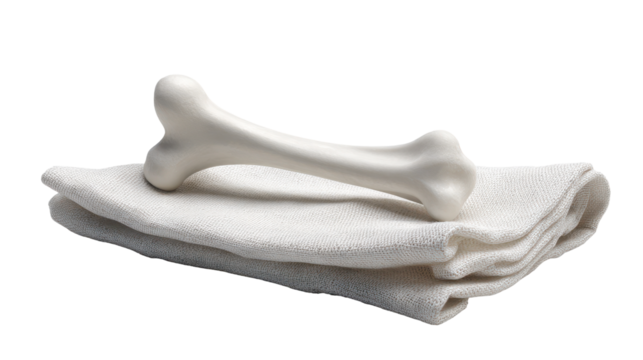 A clean, white chew bone resting on a soft towel. or transparent background