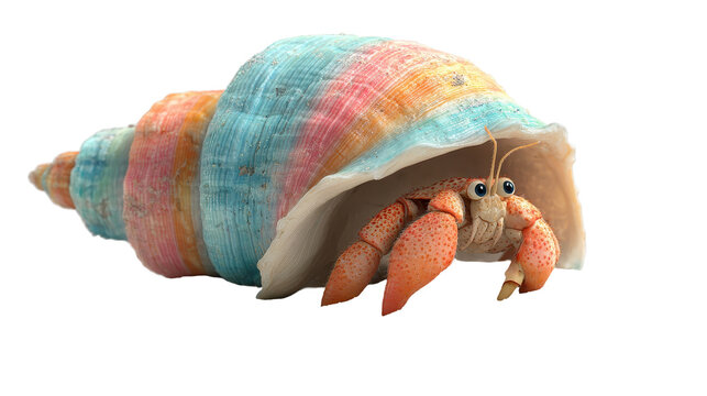 A vibrant hermit crab peeking out from a colorful shell. or transparent background