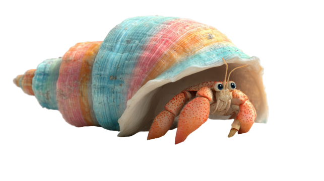 A vibrant hermit crab peeking out from a colorful shell. or transparent background
