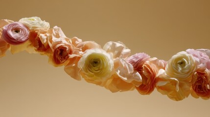 Ranunculus blooms create a soft floral wave of peach and ivory shades.