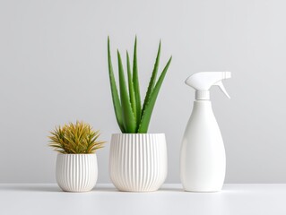 Modern clean photo with plant, aloe vera, and spray bottle.